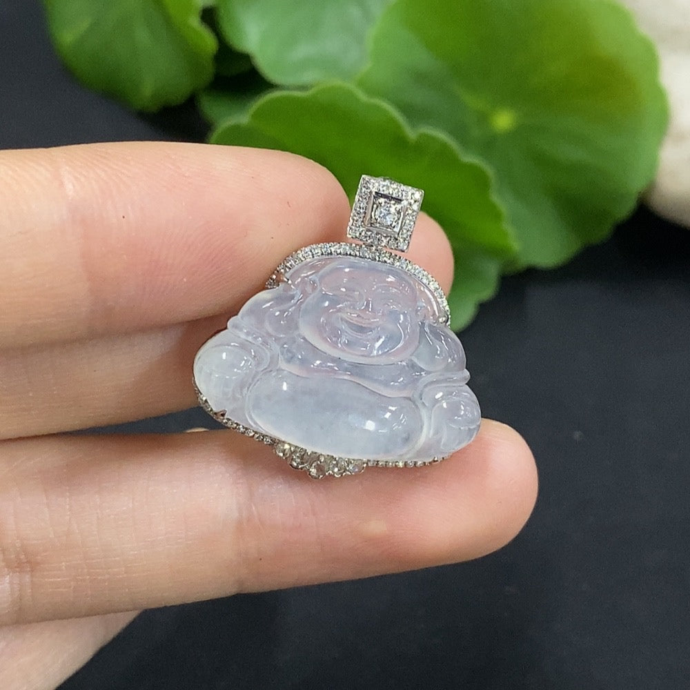 Jadeite Buddha Pendant Set in 18K Gold with Diamond Accents, Total Weight Approximately 4.06g