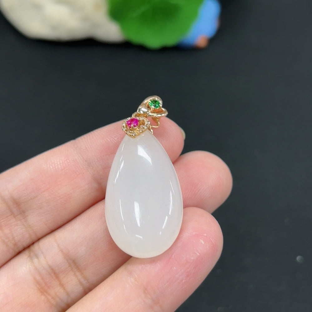 Hetian Jade Inlaid Pendant, Water Drop, 18K, Diamond Accents