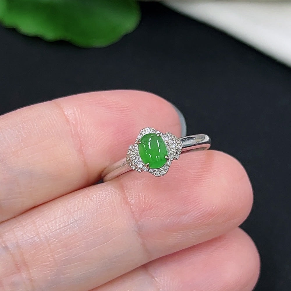 Jadeite and Diamond Ring in 18k Gold, Size 14, Total Weight Approx. 1.37g