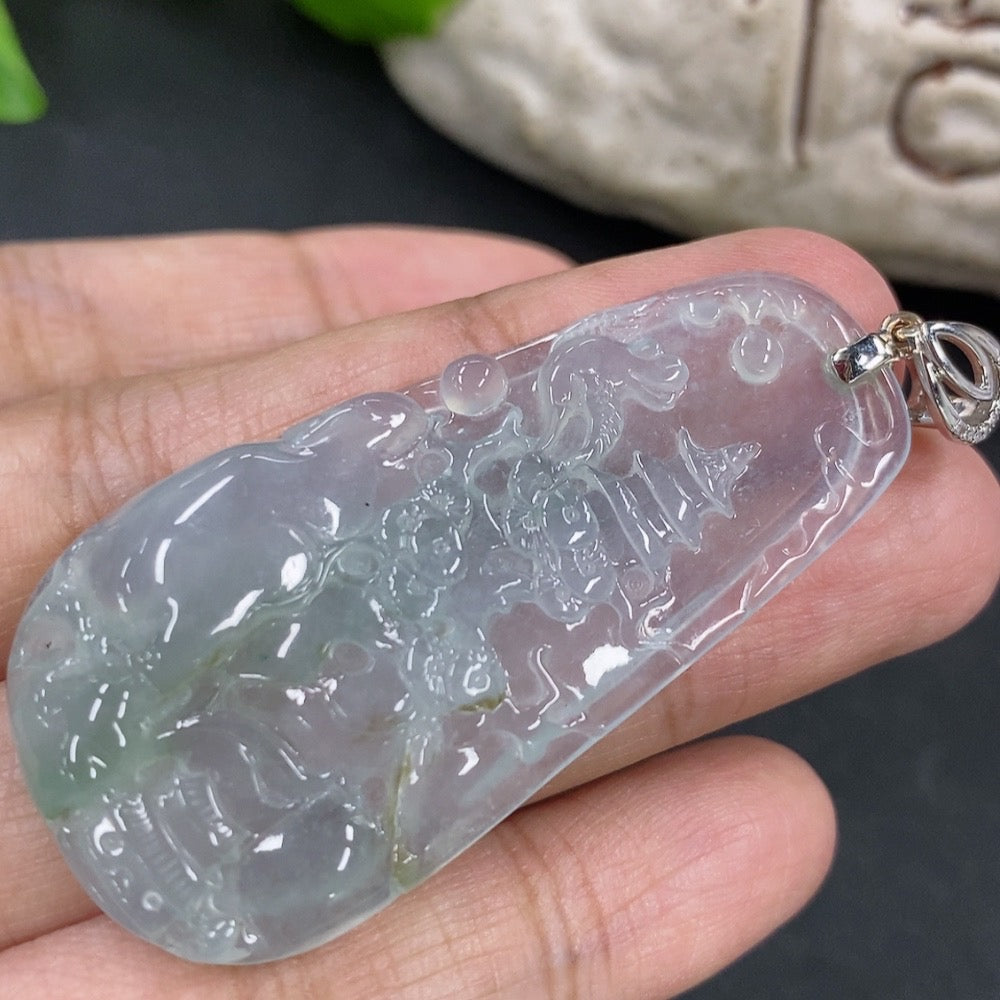 Jadeite Pendant Landscape Plaque with 18K Gold and Diamond Accents