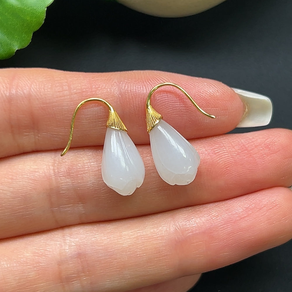 Hetian jade bud earrings with 18k gold setting, HKHQ brand, featuring polished green jade in delicate drop design.