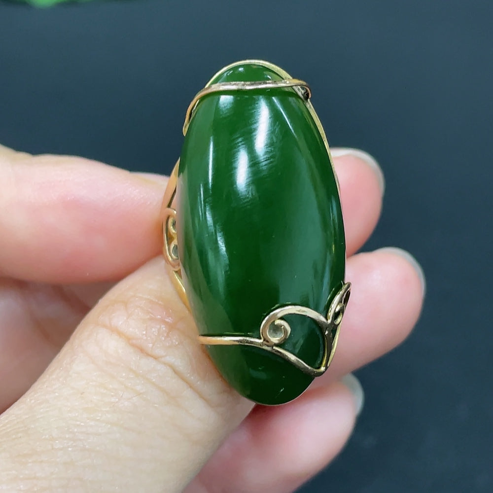 Hetian Jade Cabochon Ring with Tested 75% Gold Setting