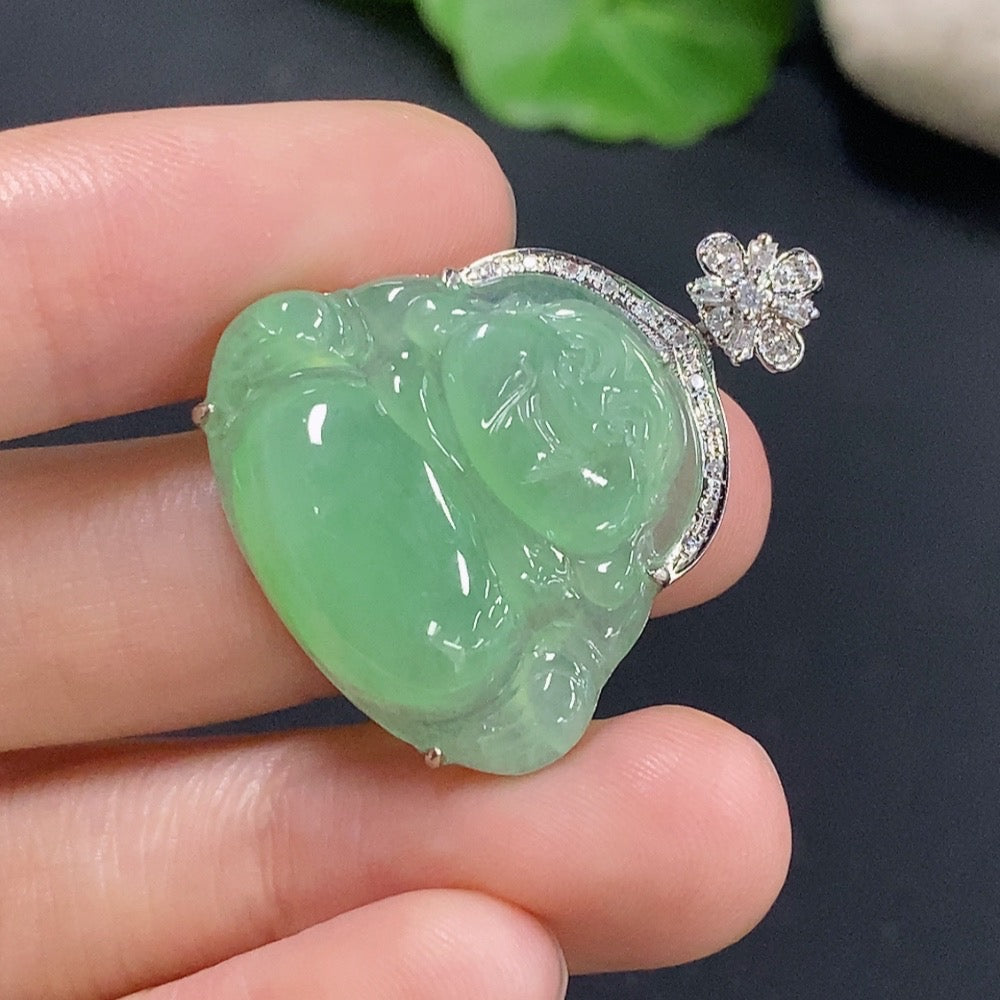 Jadeite Buddha pendant necklace by HKHQ with 18k gold and diamond accents, weight approximately 5.38 grams, detailed gemstone design.
