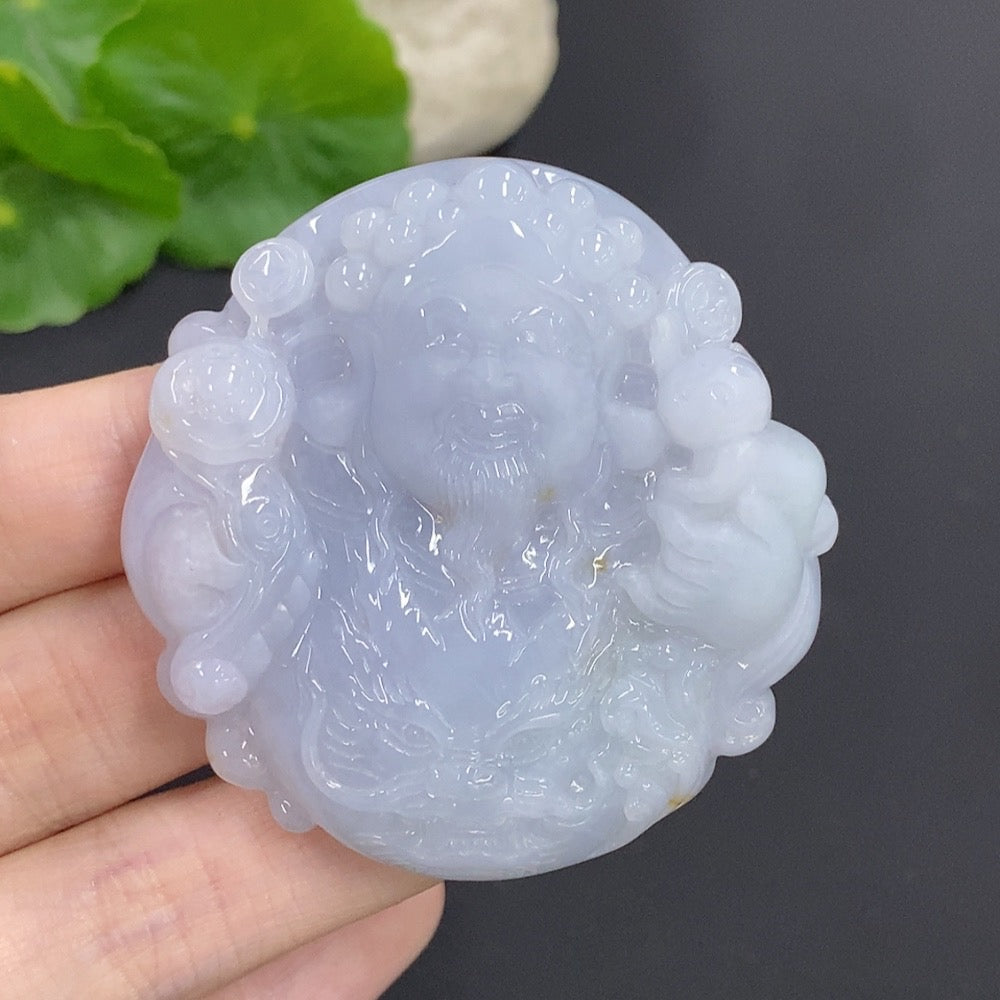 Jadeite God of Wealth pendant with intricate carvings, weighing approximately 58 grams, crafted by HKHQ.