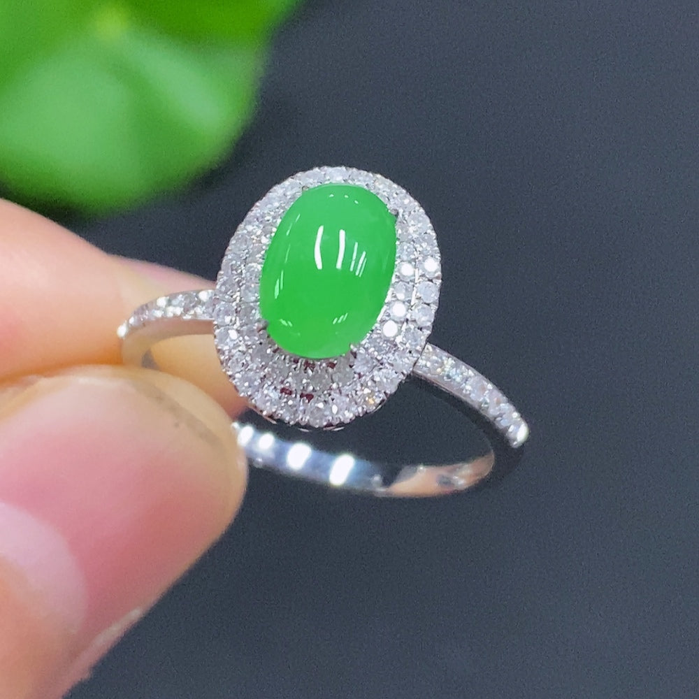 Jadeite Cabochon Inlaid Ring 18K Gold Size 15 Total Weight Approx. 2.1g (With Diamond Accents)