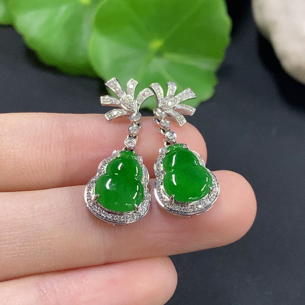 Jadeite Gourd Inlaid Earrings 18k with Diamond Accents