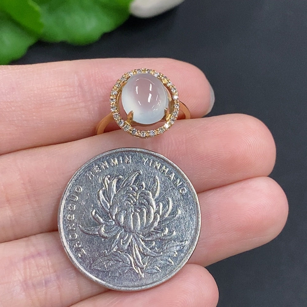 Jadeite Cabochon Ring 18k Gold Total Weight Approx. 2.8g Size 10 with Diamond Accents