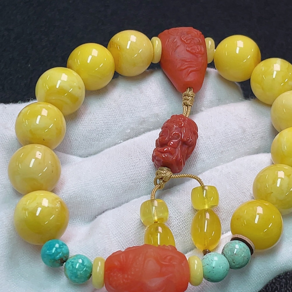 Huiliu Amber and Beeswax Bracelet with Southern Red Agate stone, approximately 13mm, handcrafted jewelry, Huiliu Certified.
