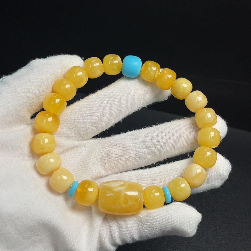 Huiliu Amber Honey Beeswax Bracelet with 16mm beads and non-natural accent stones, natural style, certified by HUILIU HQ