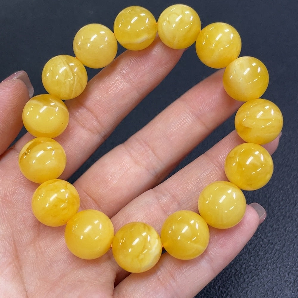 Huiliu Certified Natural Grade A Jadeite Amber Beeswax Beads Bracelet with 13.3mm beads, weighing about 19.76g, showcasing amber jewelry.