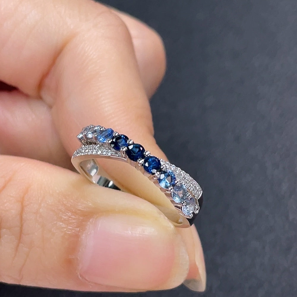 18K blue sapphire ring with diamond accents, size 14, featuring 2.2mm sapphires and sparkling diamond details.