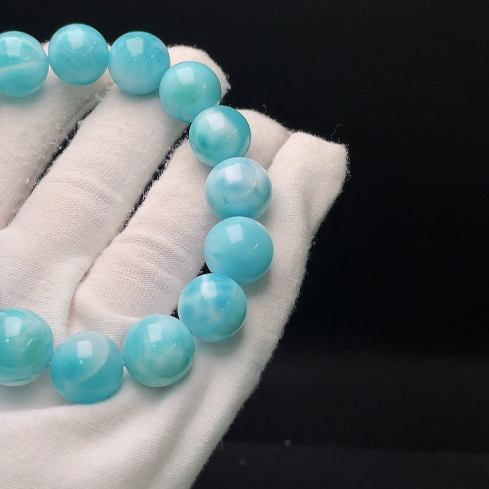 Larimar gemstone bracelet with visible organic matter, weighs 56.14g, 13.8mm size, crafted by HUILIU HQ.