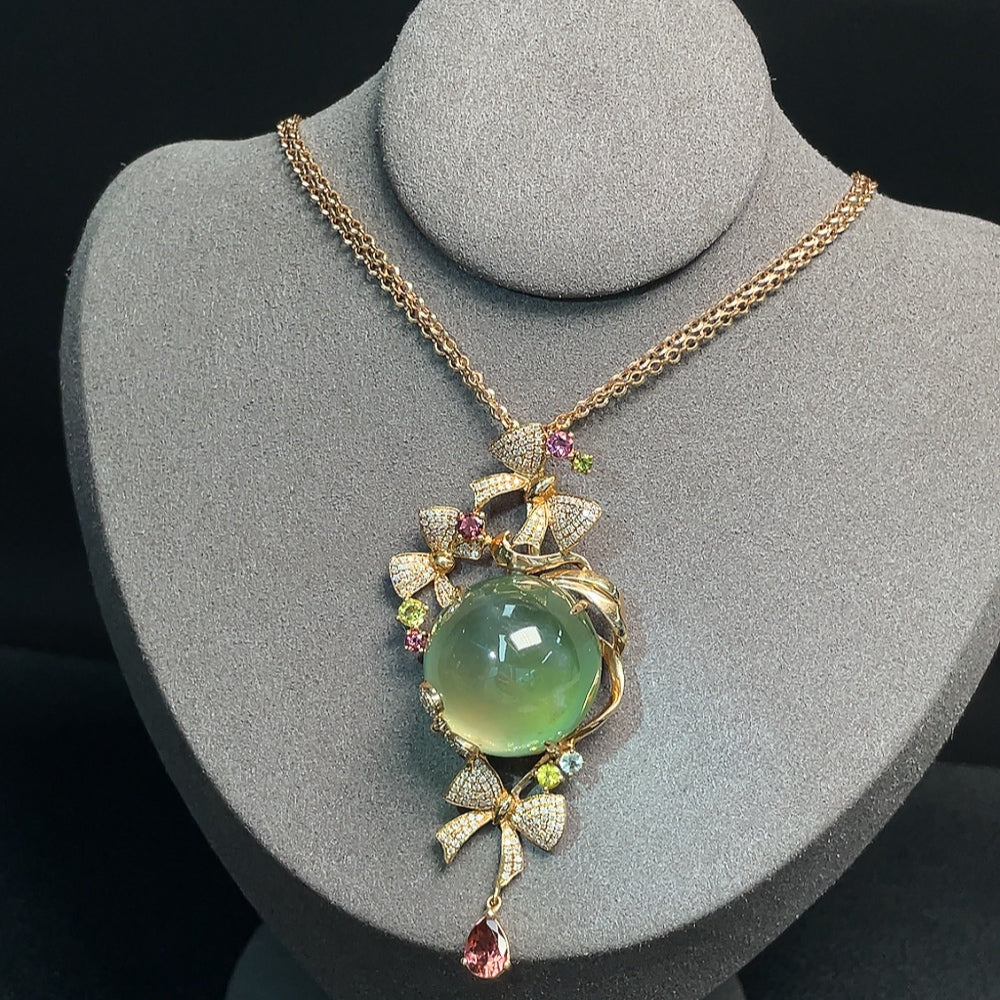 Prehnite pendant with colorless diamond accents and tourmaline stones, featuring a chain, from HUILIU HQ gemstone collection.