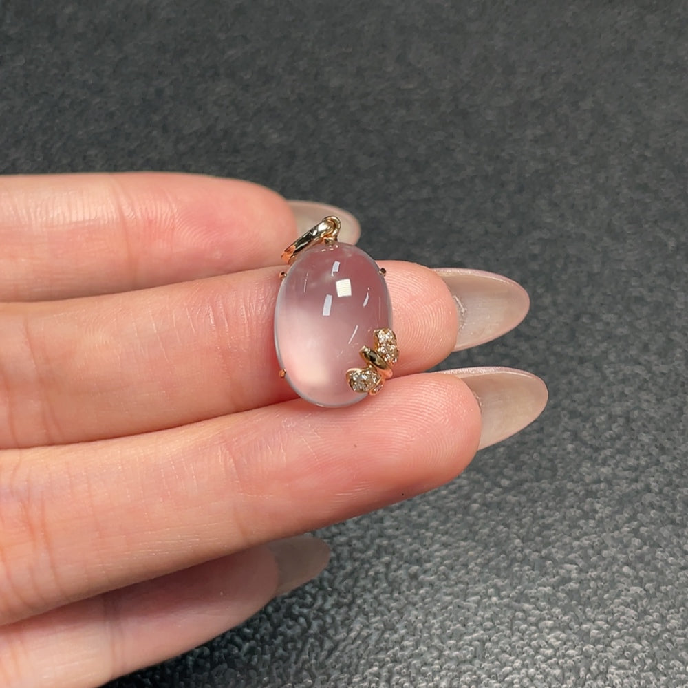 Huiliu Certified Prehnite gemstone pendant with diamond accents, showcasing a smooth green stone and sparkling diamond details.