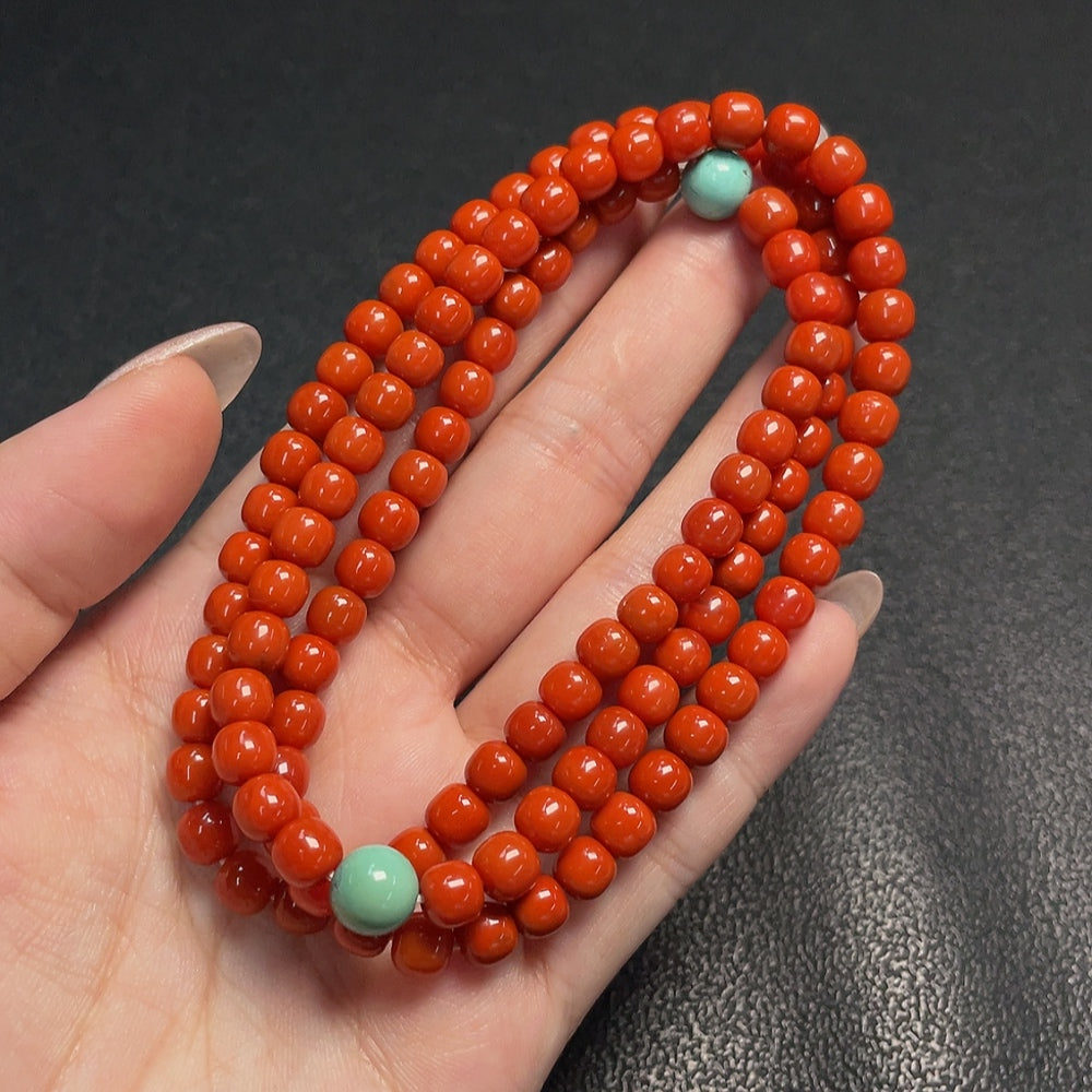 Red agate gemstone bead necklace with organic inclusions, turquoise accents, 6mm beads, from HUILIU HQ.
