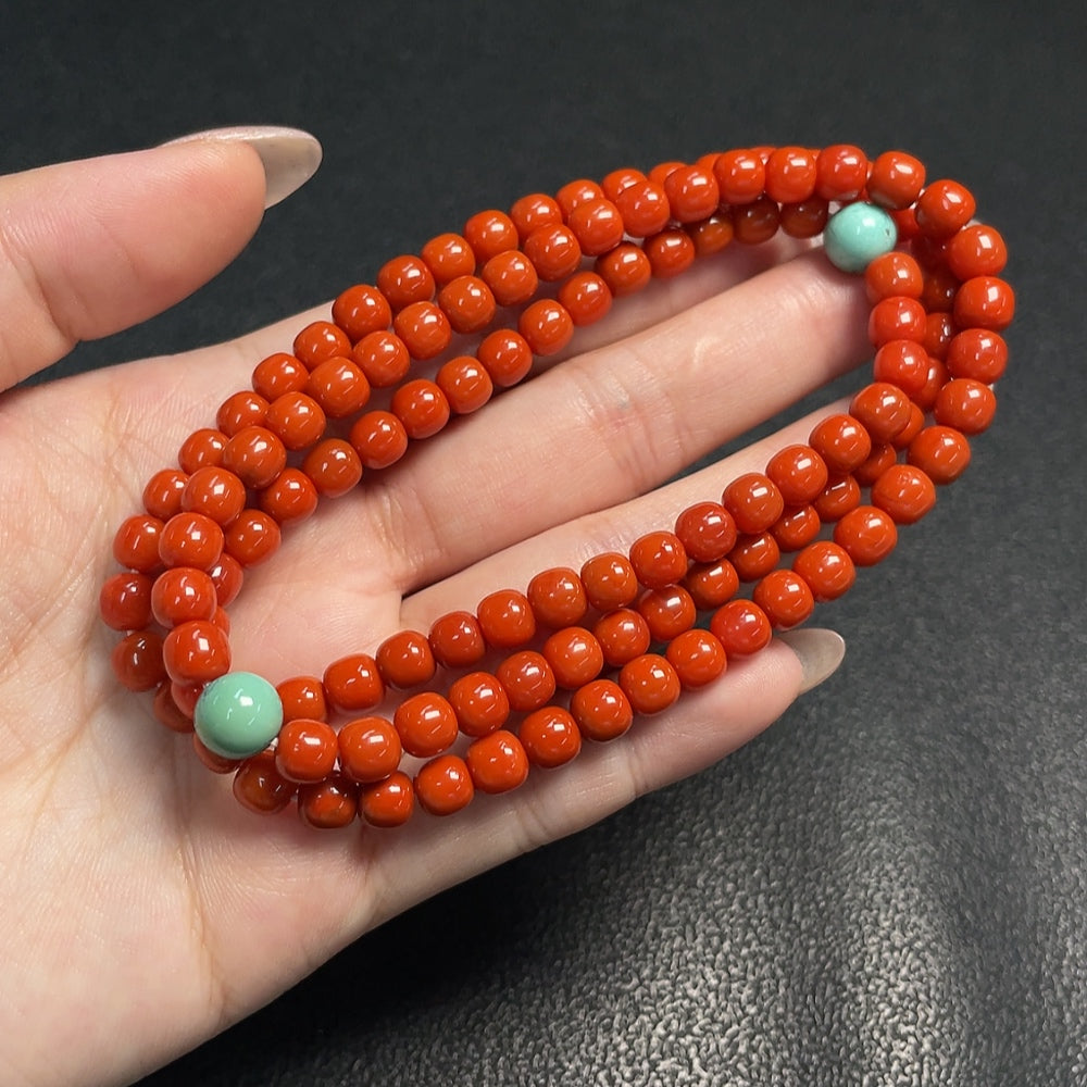 Red Agate gemstone bead necklace with organic inclusions, 6mm beads, turquoise accents, from HUILIU HQ.