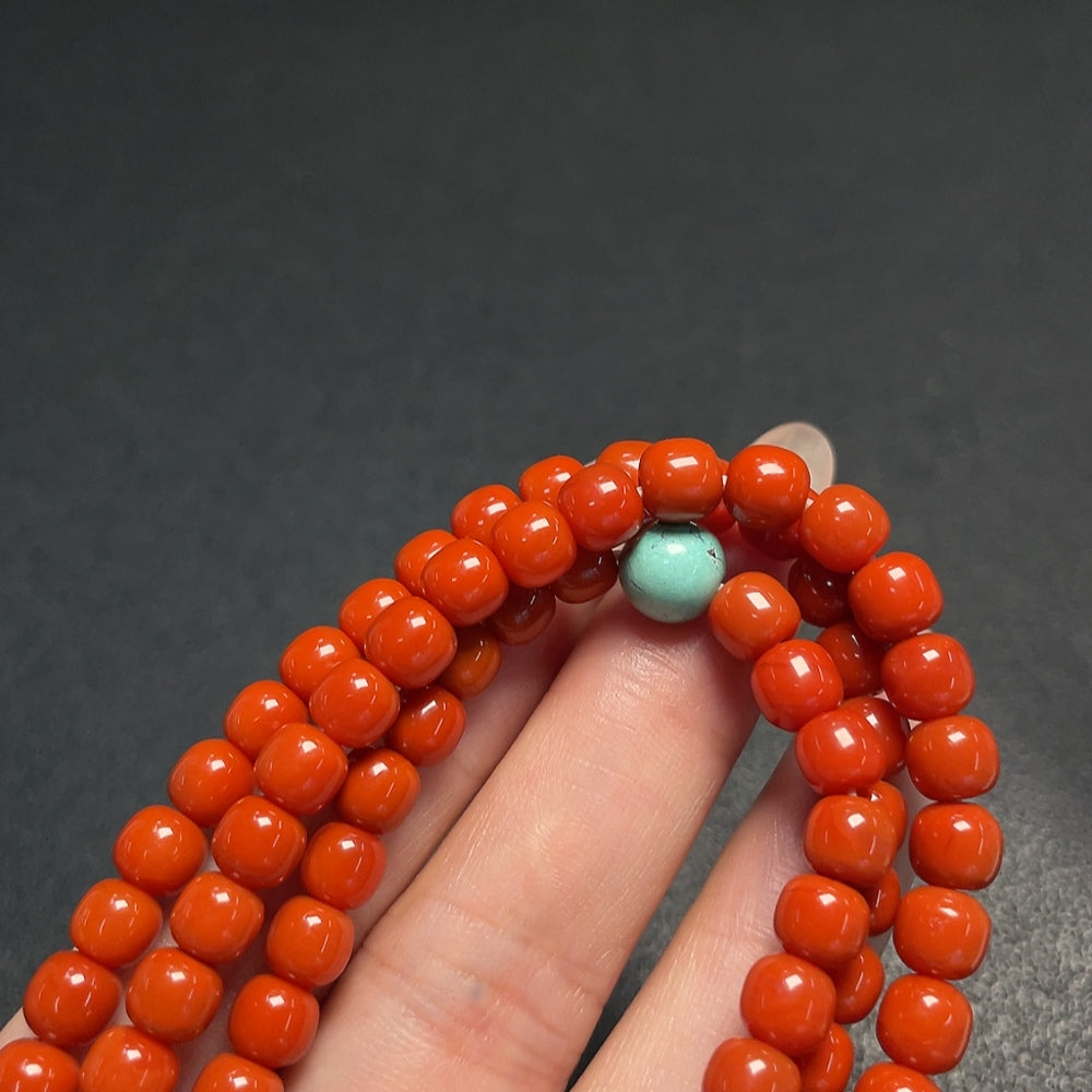 Red Agate gemstone bead necklace with organic inclusions, 6mm beads, turquoise accents, from HUILIU HQ.