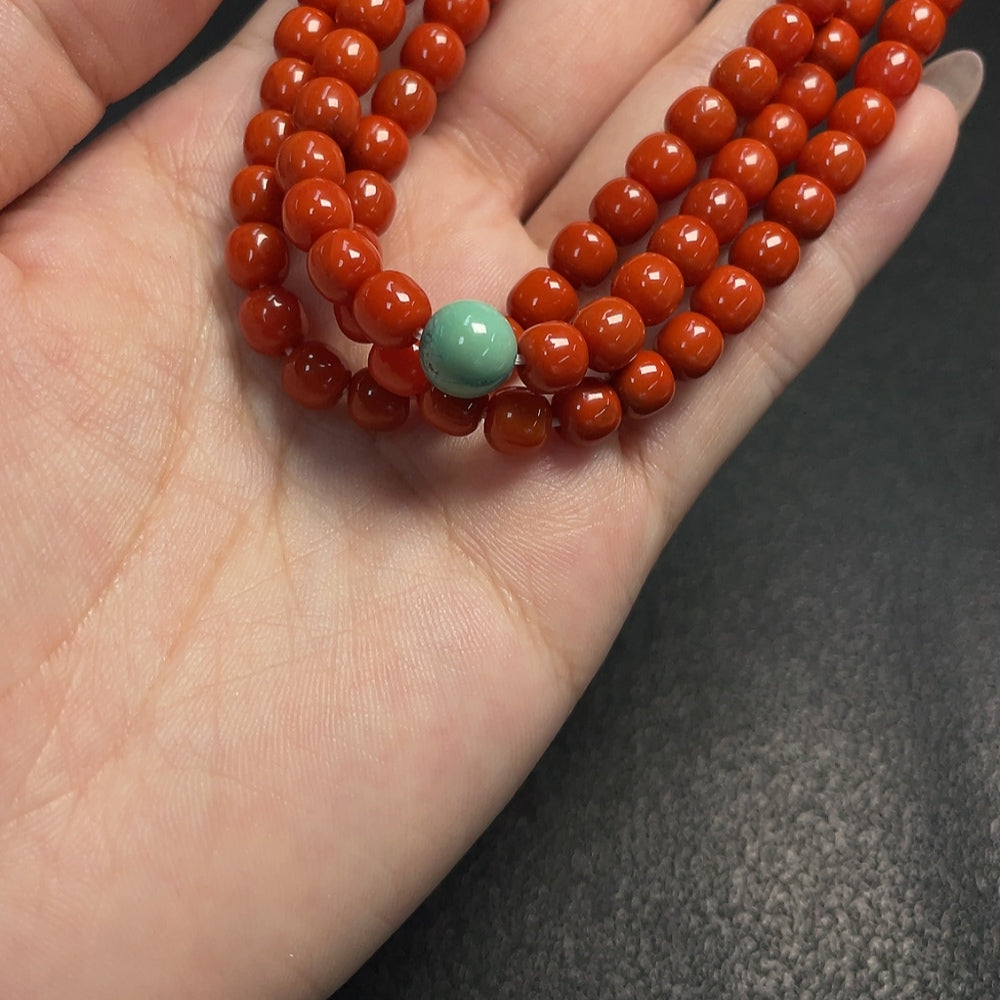 Red Agate bead necklace with visible organic inclusions, turquoise accents, 6mm gemstones, crafted by HUILIU HQ.