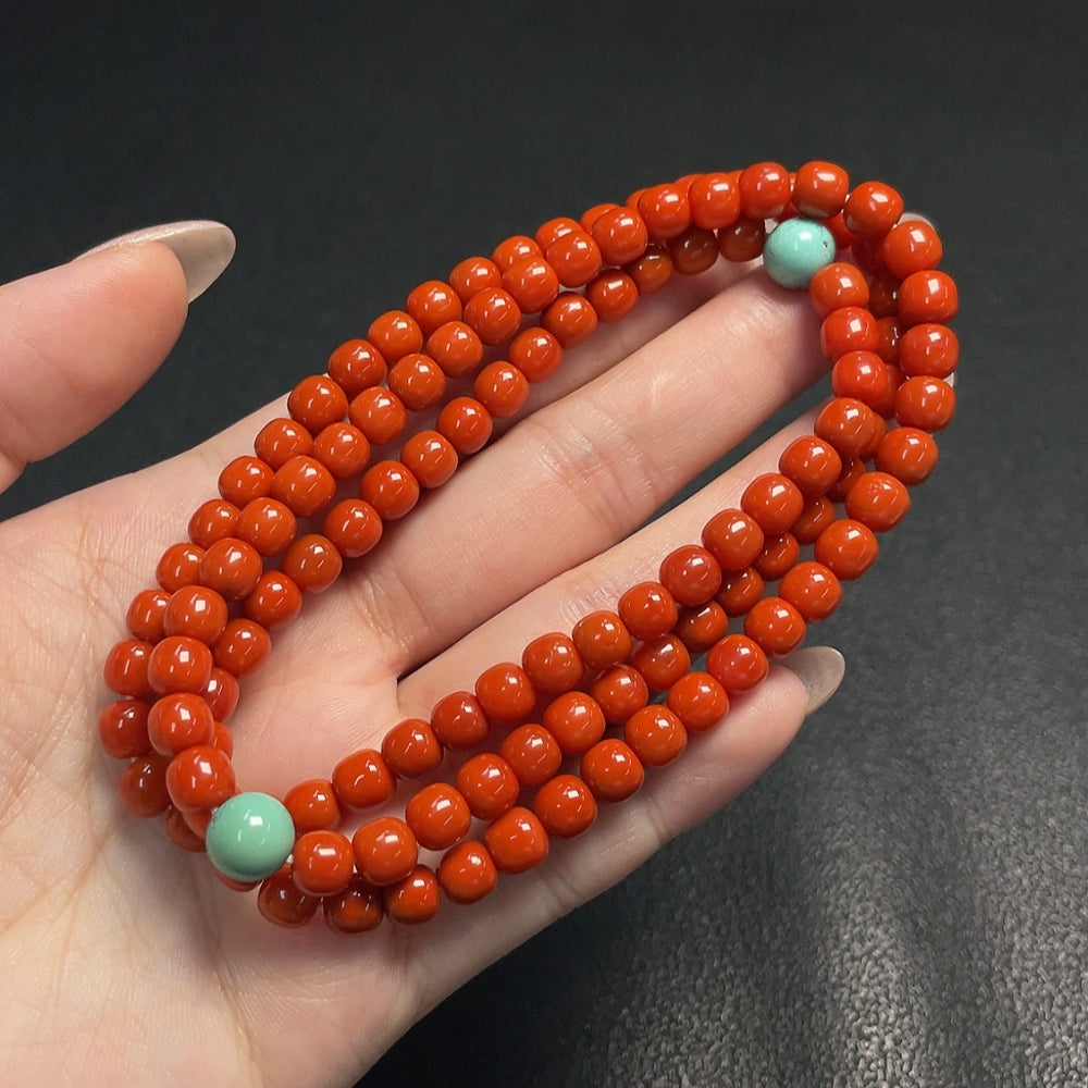 Red Agate gemstone bead necklace with organic inclusions, 6mm beads, turquoise accents, from HUILIU HQ.