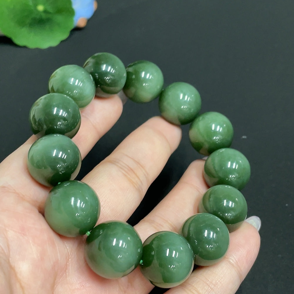 Huiliu HQ Hetian jade bead bracelet with 16.2mm round beads, total weight 96.1g, featuring smooth, polished jade stones.