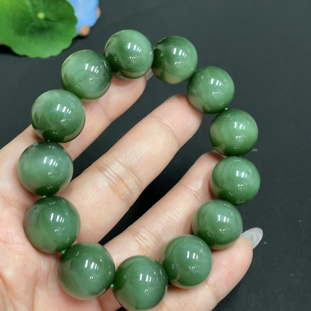 Huiliu HQ Hetian Jade Bead Bracelet with 16.2mm beads and 96.1g weight, featuring smooth, polished jade beads on a delicate string.