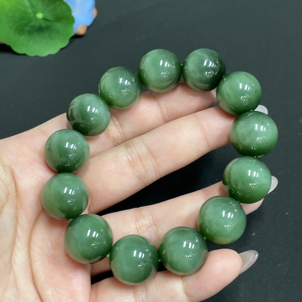 Hetian jade bead bracelet with 16.2mm beads and 96.1g weight, crafted by HUILIU HQ, featuring smooth polished jade stones.