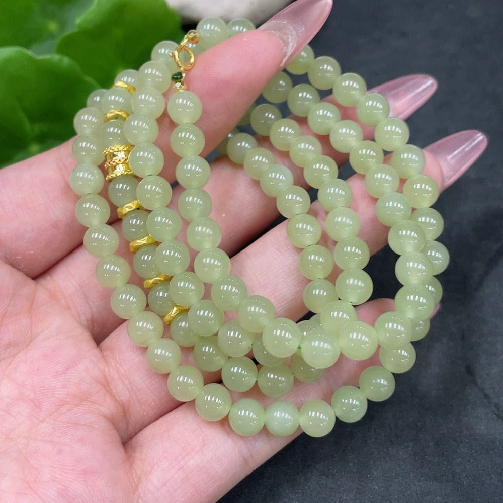 Huiliu HUILIU HQ Hetian Jade Bead Necklace with 5.7mm small beads, red content mark, unmarked surface, certified jade jewelry