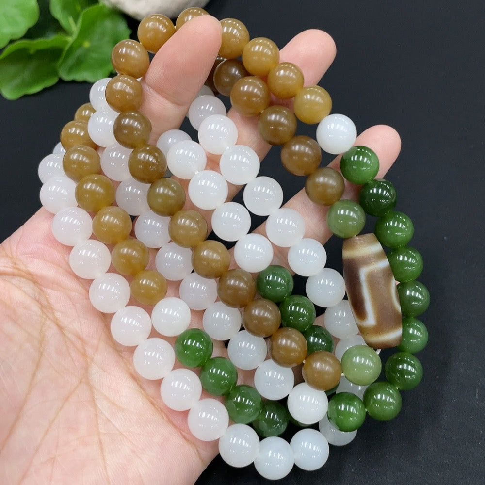 HUILIU HQ Hetian Jade Bead Necklace with 9.5mm jade beads, includes non-Hetian jade beads, weighs approximately 153.4g.