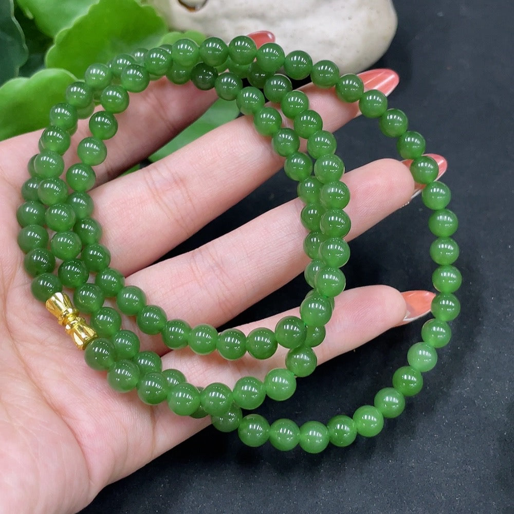 Huiliu Hetian Jade Jasper Bead Necklace with 6mm natural jade beads, certified by Huiliu, close-up of the beaded jewelry.