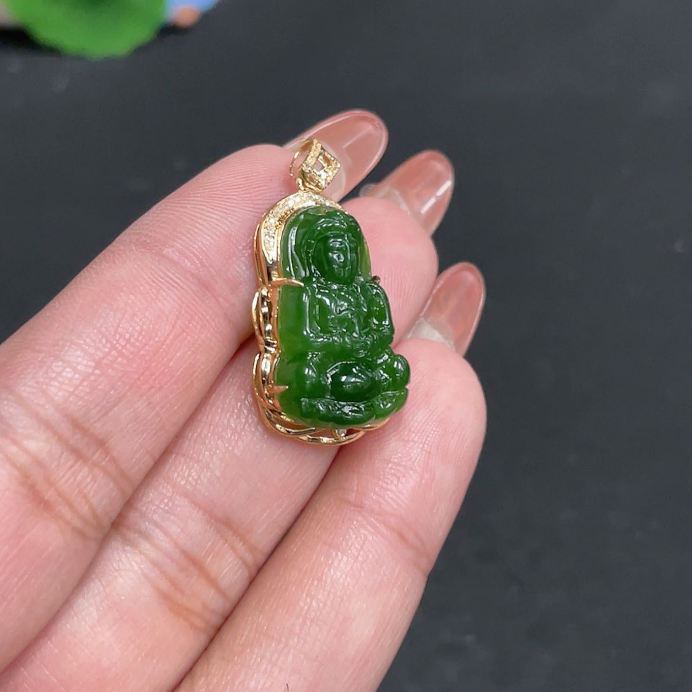 Huiliu certified Hetian jade Jasper Inlaid Pendant with Guanyin figure and diamond accents, featuring intricate craftsmanship.