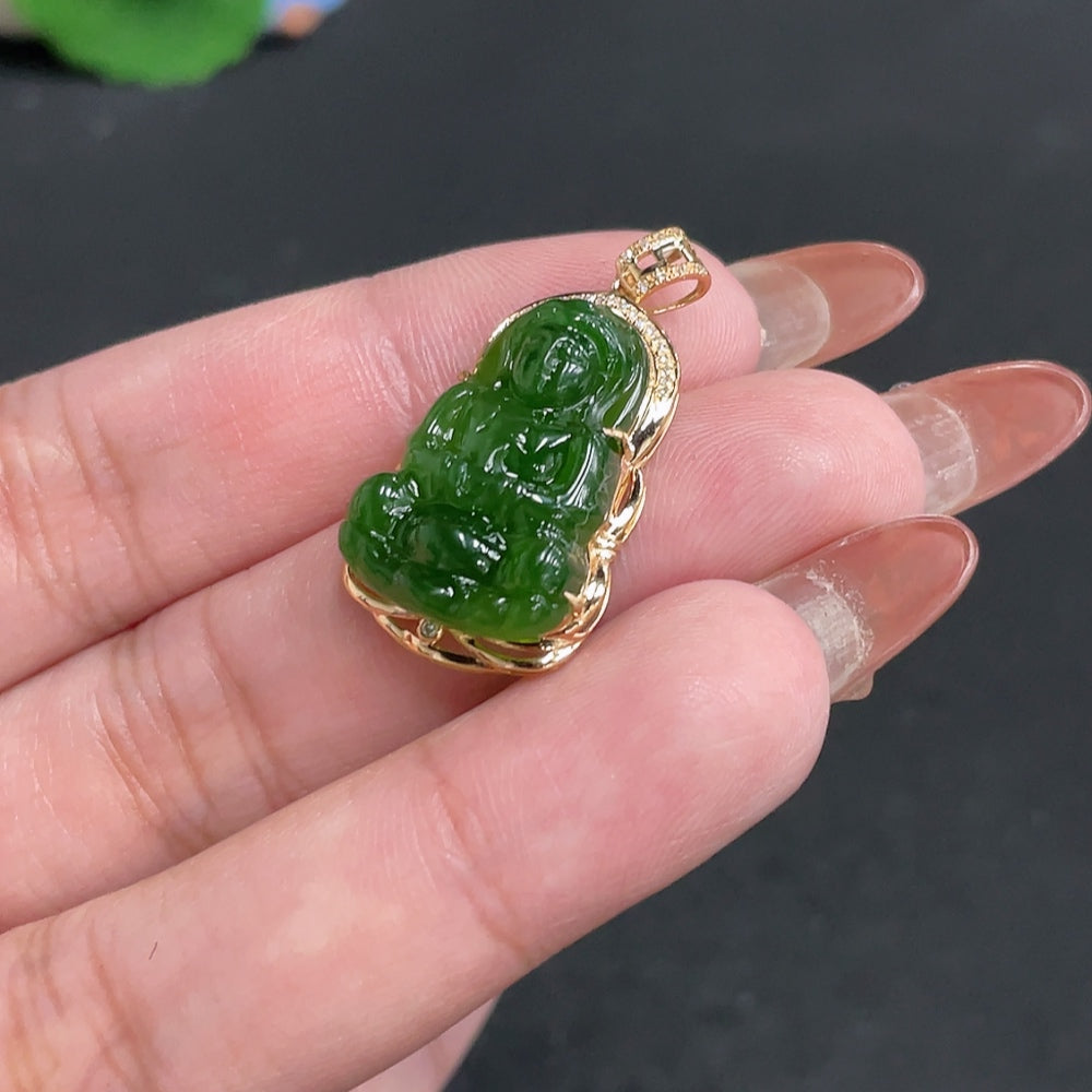 Huiliu certified Hetian jade Jasper pendant featuring Guanyin figure with diamond accents, showcasing intricate craftsmanship.