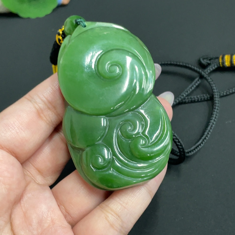 Huiliu HQ Hetian Jade Jasper Pendant featuring Zhong Kui design, Huiliu certified, natural green and brown jade with intricate carving.
