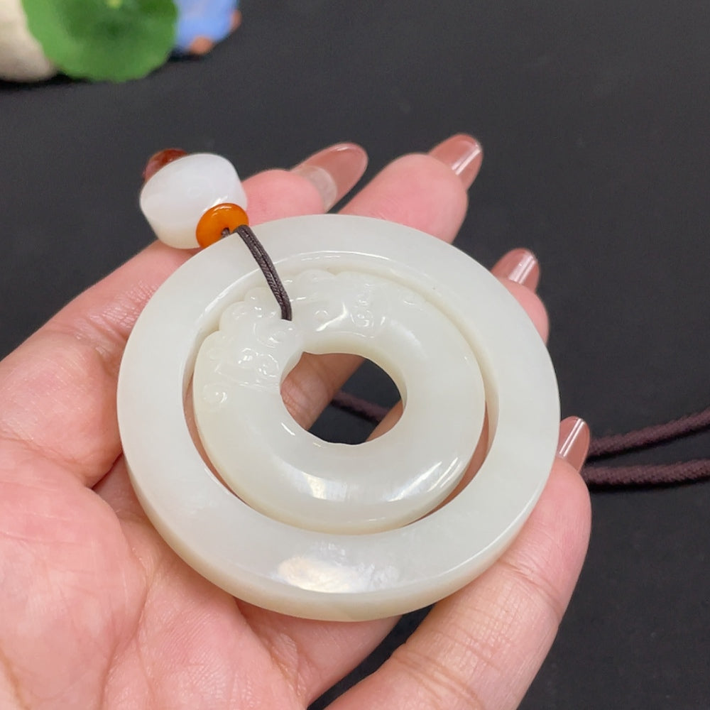 Hetian Jade pendant in antique style with beads and rope, weighing approximately 55.4g, crafted by HUILIU HQ.