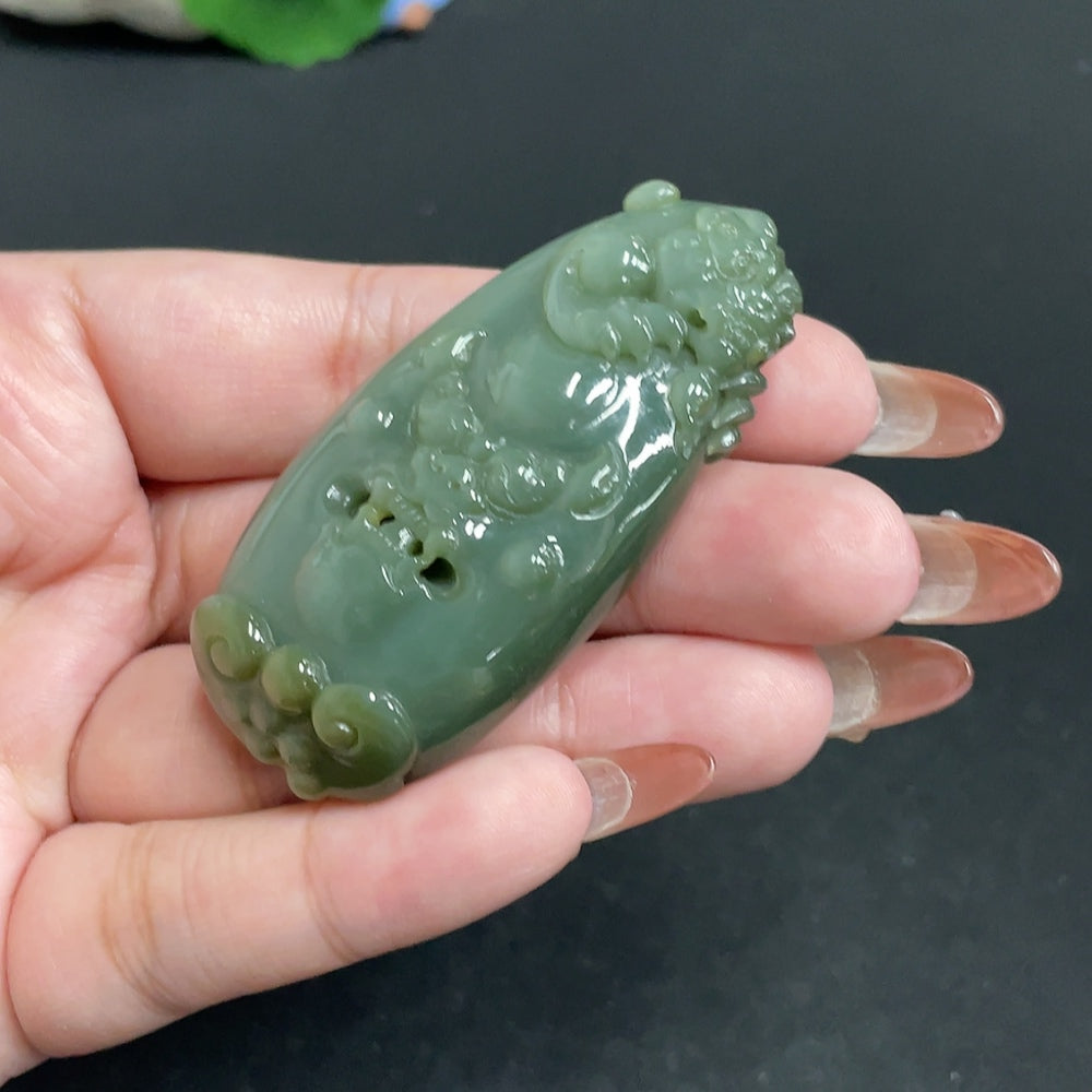 Huiliu Certified Hetian Jade Pendant featuring an auspicious beast design, crafted from smooth, polished white jade.