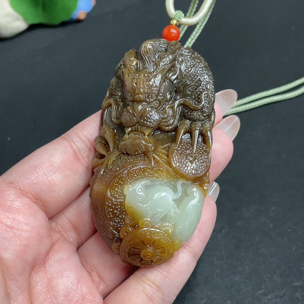 Huiliu HQ Hetian Jade Pendant with dragon design and included rope, Huiliu-certified natural jade jewelry.