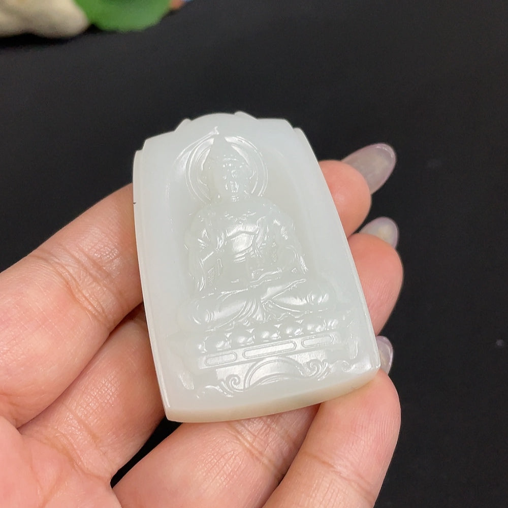 Hetian Jade Pendant featuring Guanyin figure, weighing about 41g, crafted by HUILIU HQ, with detailed natural jade carving.