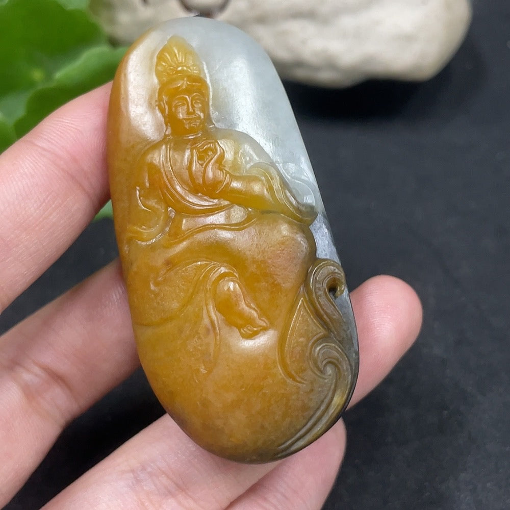 Huiliu certified Hetian jade pendant featuring Guanyin figure with mineral inclusions, attached to a rope, natural skin tone.