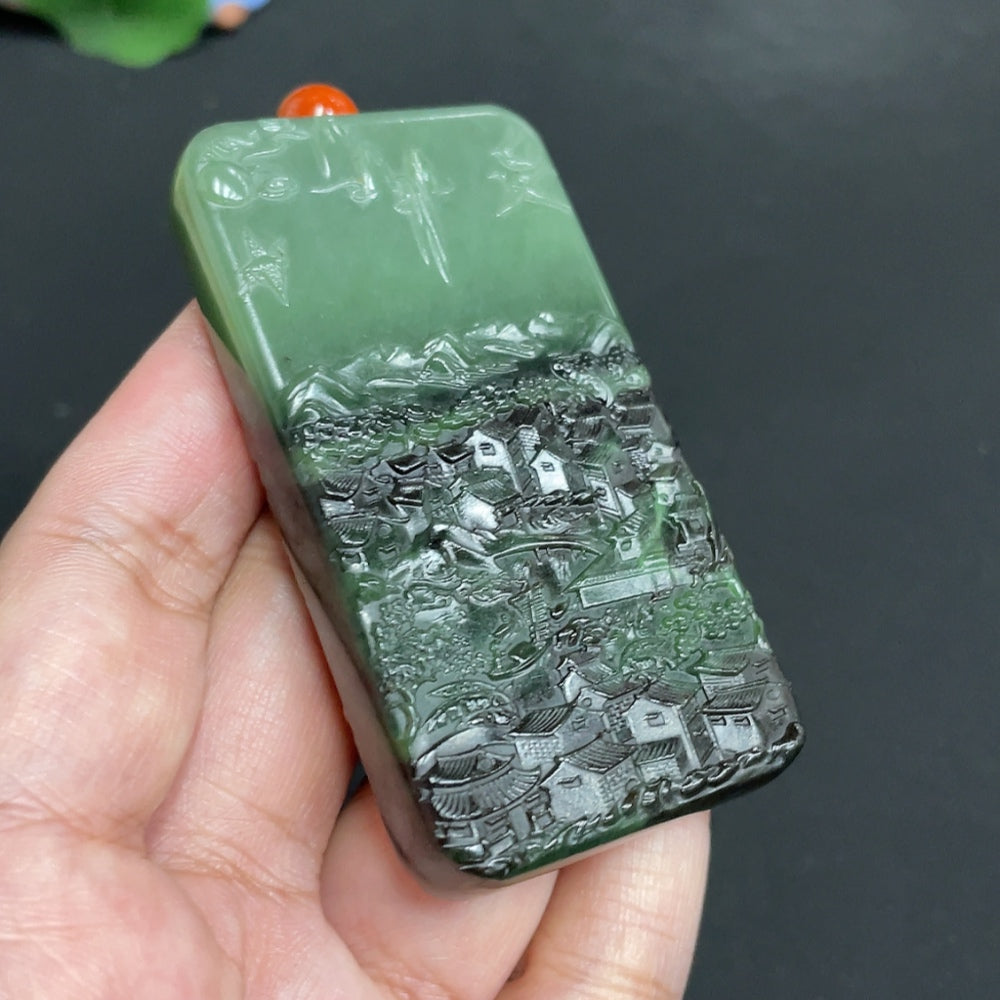 Huiliu certified Hetian jade pendant featuring a landscape design with a rope for wearing, crafted from high-quality jade.
