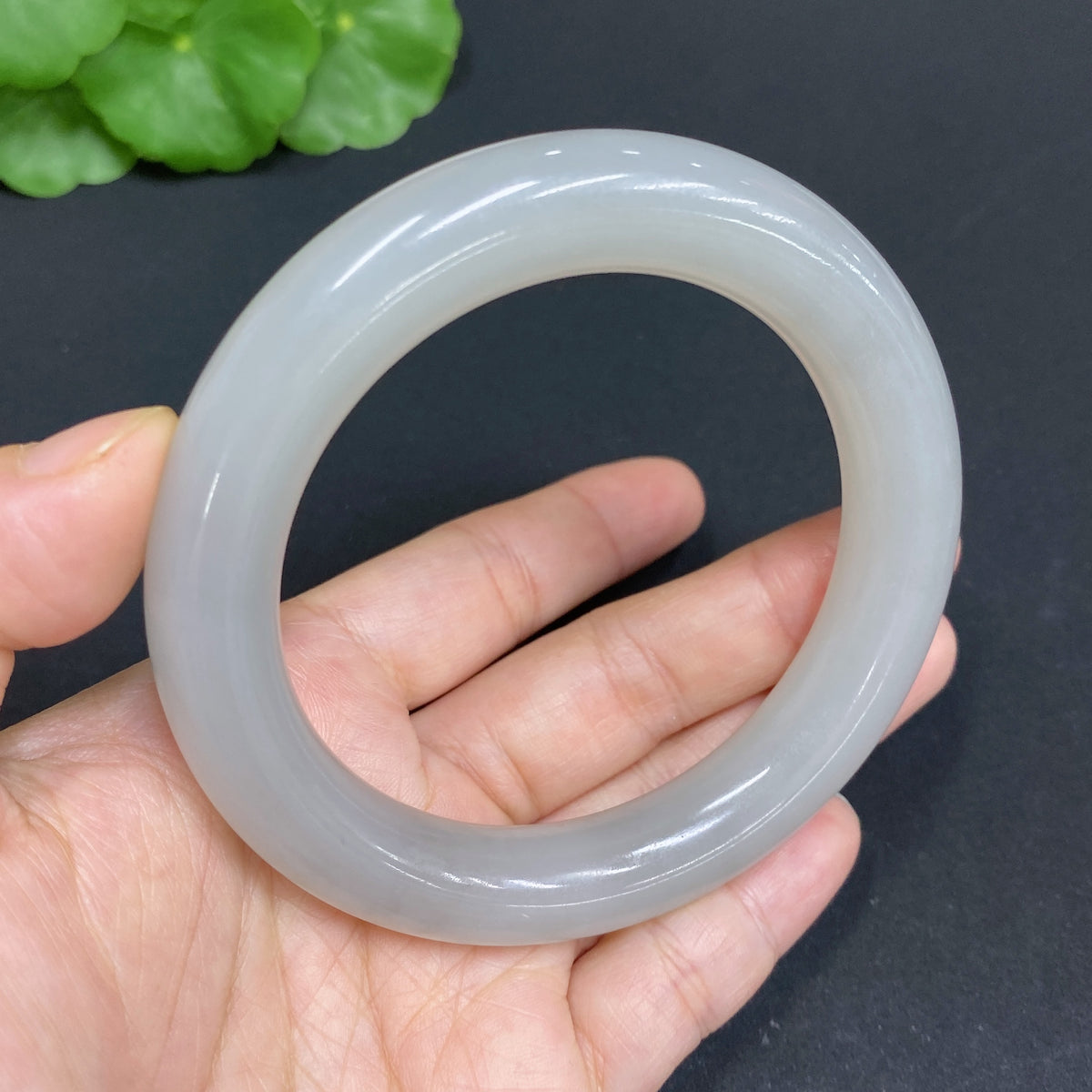 Huiliu HQ Hetian Jade round bangle, 58.3mm, polished jade bracelet with Huiliu certification, natural smooth surface.