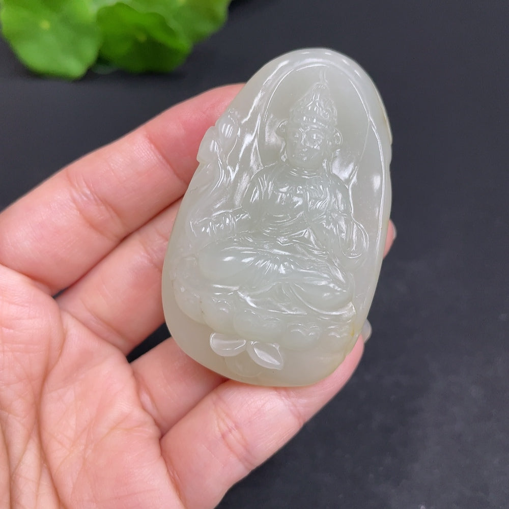 Hetian Jade Seed Material Pendant featuring Guanyin figure, weighing approximately 45.7g, with undetermined skin tone, by HUILIU HQ.