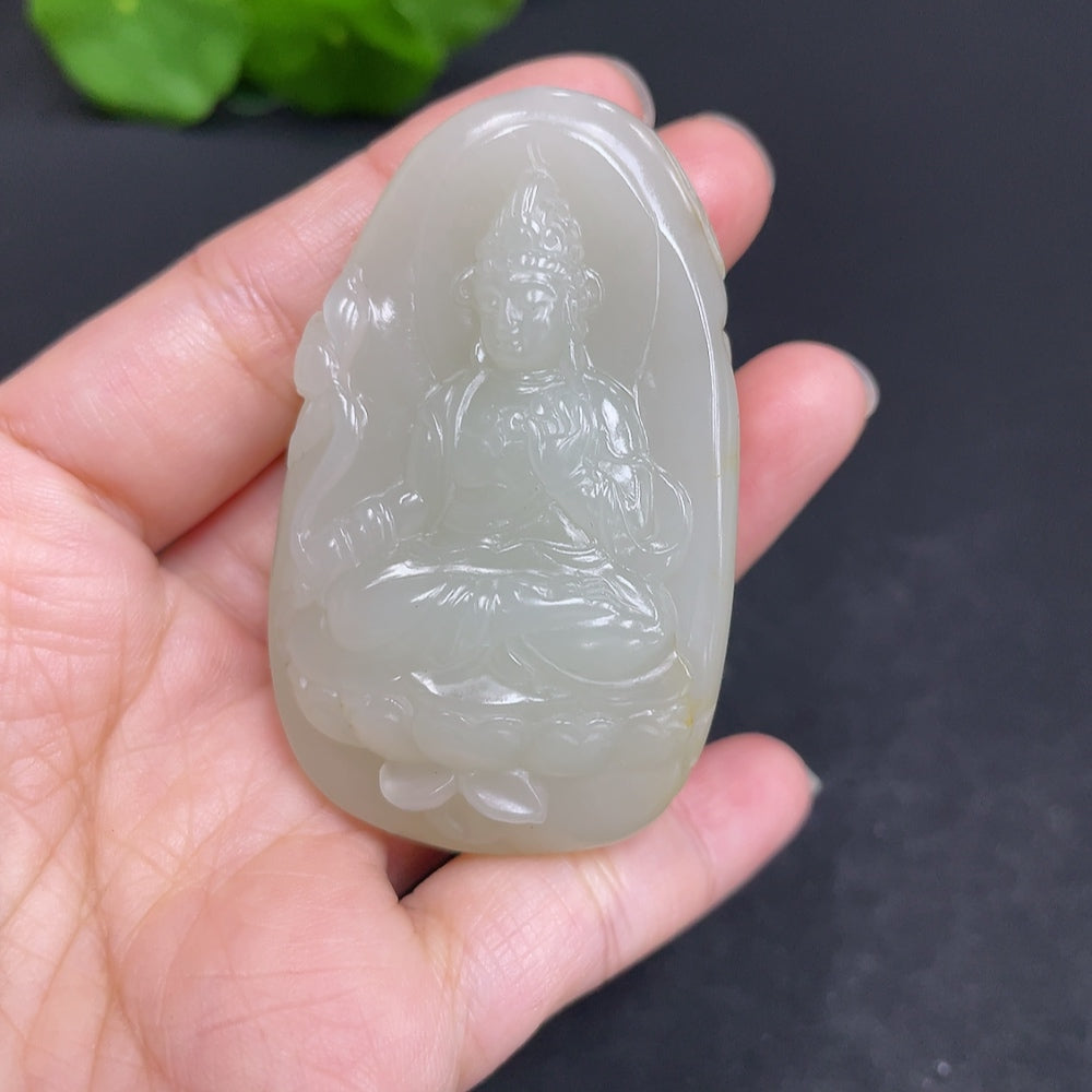 Hetian Jade Seed Material Pendant featuring Guanyin figure, crafted from jade with approximate weight of 45.7g, natural stone appearance