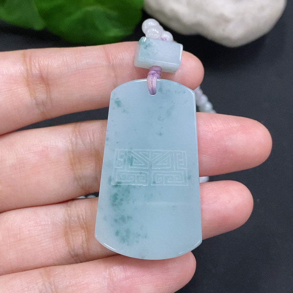 Antique-style jadeite pendant with chain, plain design, crafted by HUILIU HQ, weighing approximately 33.7g, featuring smooth jade surface.