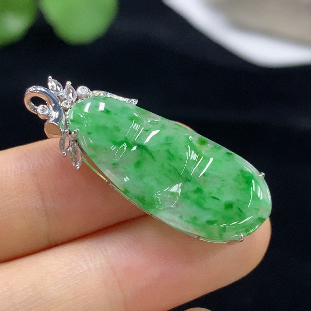 Huiliu Jadeite auspicious bean pendant with diamond accents, small accent stones, and certified jade jewelry.