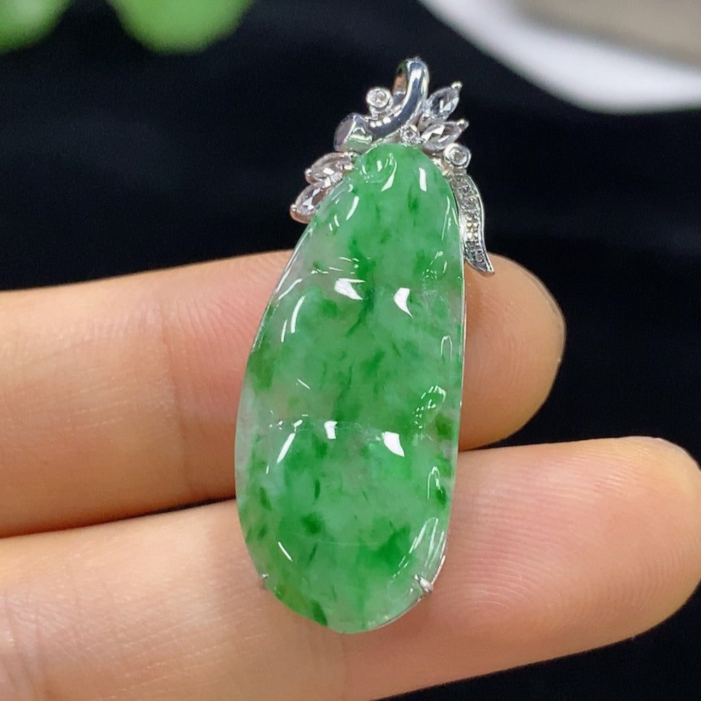 Huiliu Certified jadeite auspicious bean pendant with diamond accents, featuring small accent stones, showcasing intricate craftsmanship.
