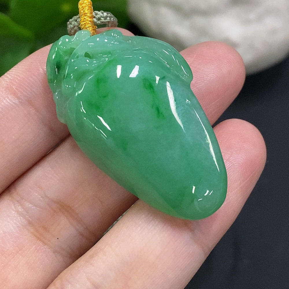 Jadeite Auspicious Gourd Pendant by HUILIU HQ with rope, non-gold, weighing approximately 16.1g, featuring intricate jade carving.