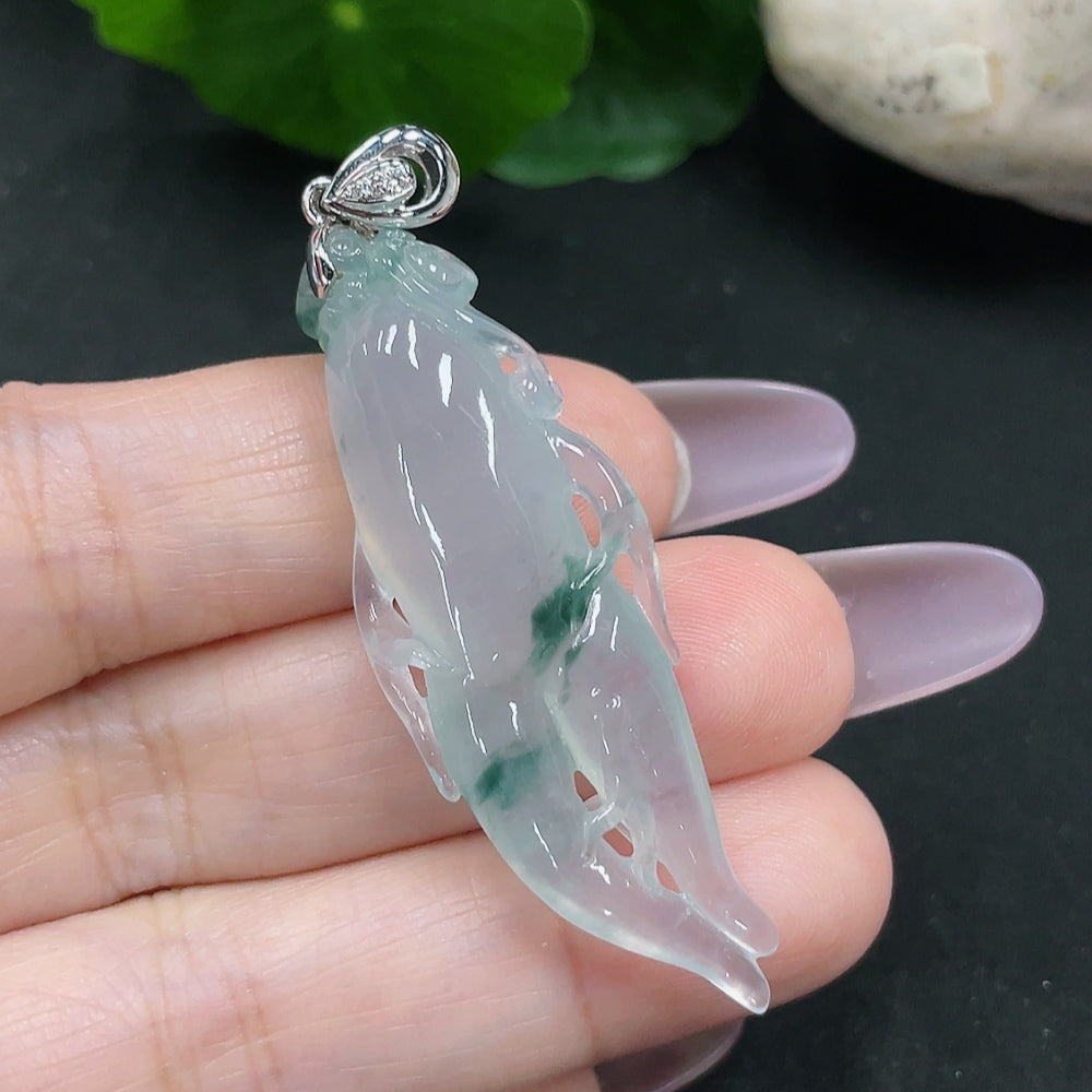 Jadeite Auspicious Life Pendant with 18k gold and diamond inlay, weighing about 9g, featuring intricate jade craftsmanship.
