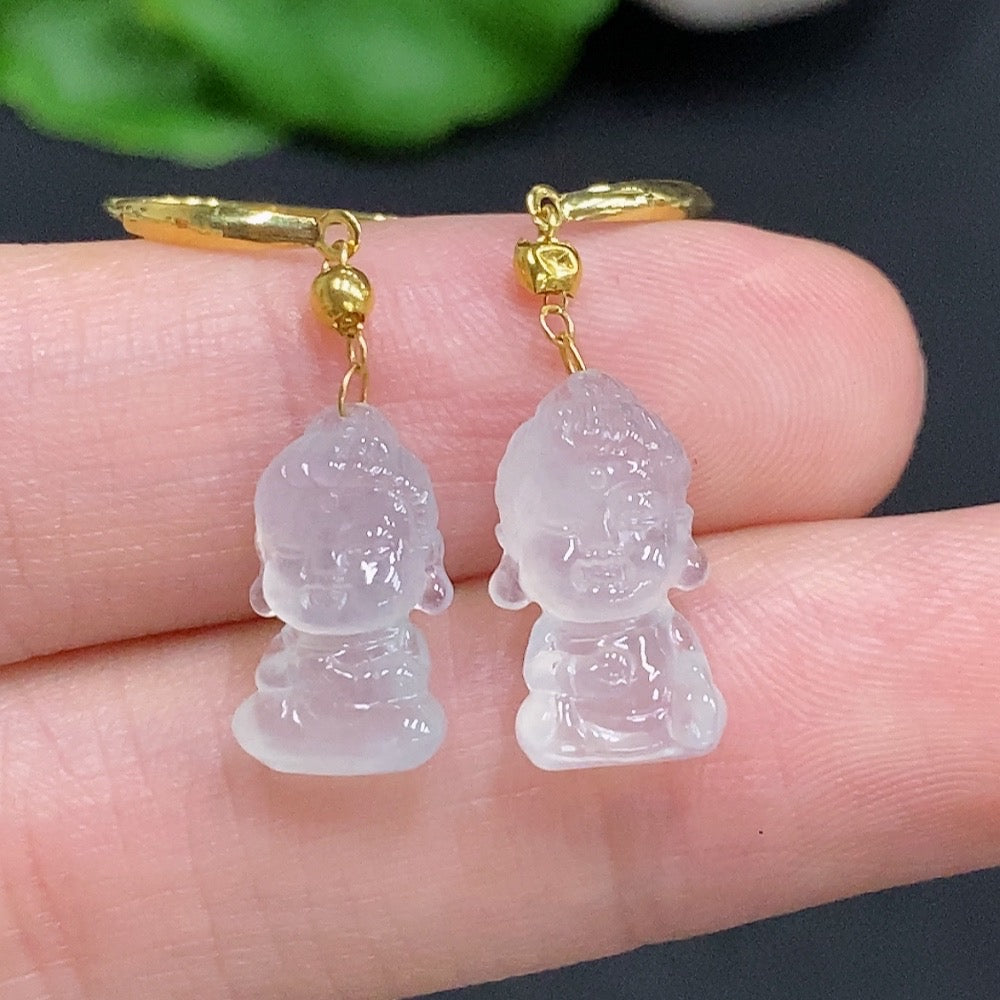 HUILIU HQ Jadeite Baby Buddha inlaid earrings with 18K gold, featuring intricate jade design and delicate craftsmanship.