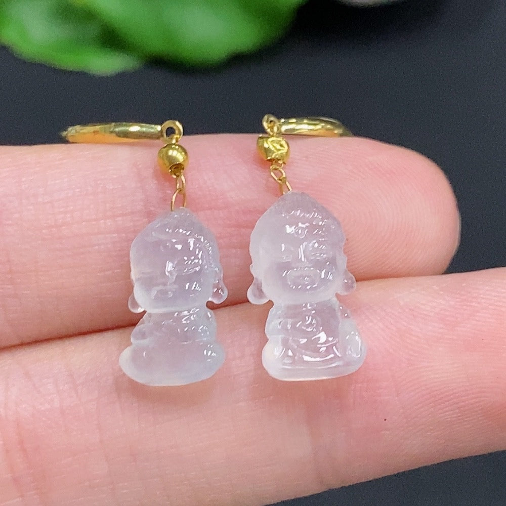 HUILIU HQ Jadeite Baby Buddha inlaid earrings with 18K gold setting, delicate design, weighing approximately 1.9g.