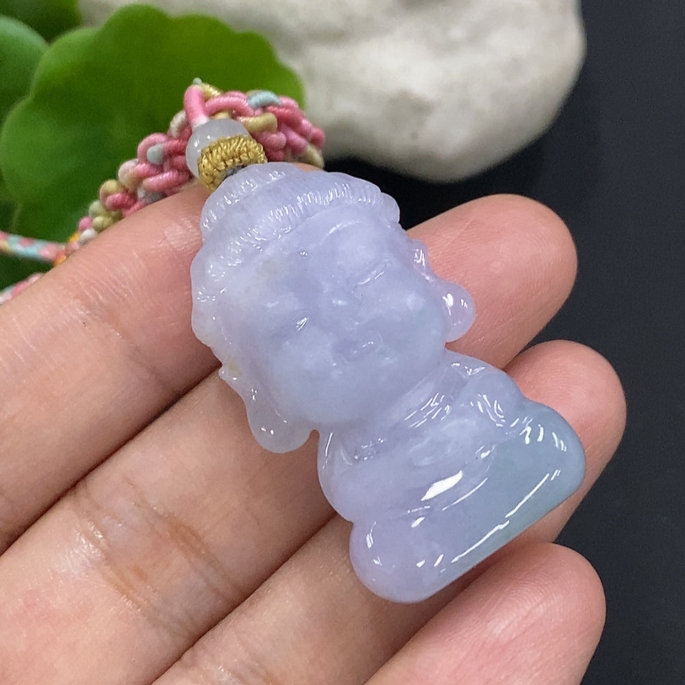 HUILIU HQ jadeite Baby Buddha pendant with cord, featuring smooth green jade and a detailed Buddha design, weighs approx. 19.6g