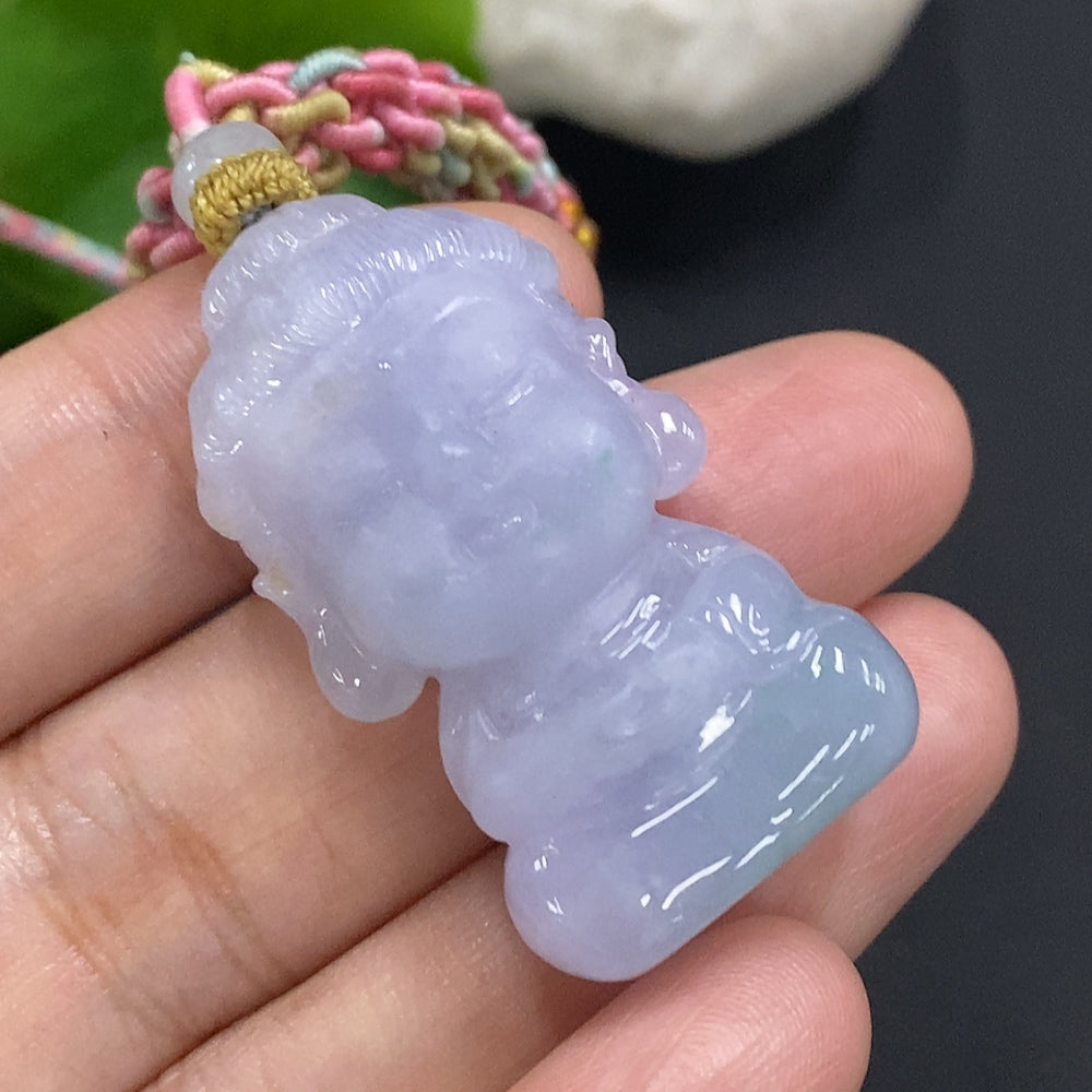 HUILIU HQ jadeite Baby Buddha pendant with cord, weighing approximately 19.6g, featuring a smooth, polished jade surface.